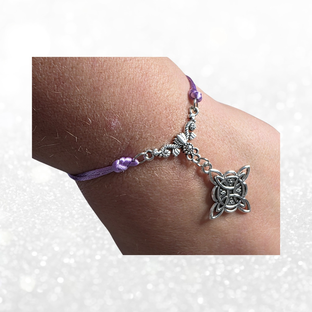 Witchy Celtic Knot Bracelet - Purple Silk Cord - Gothic Mystic Jewelry